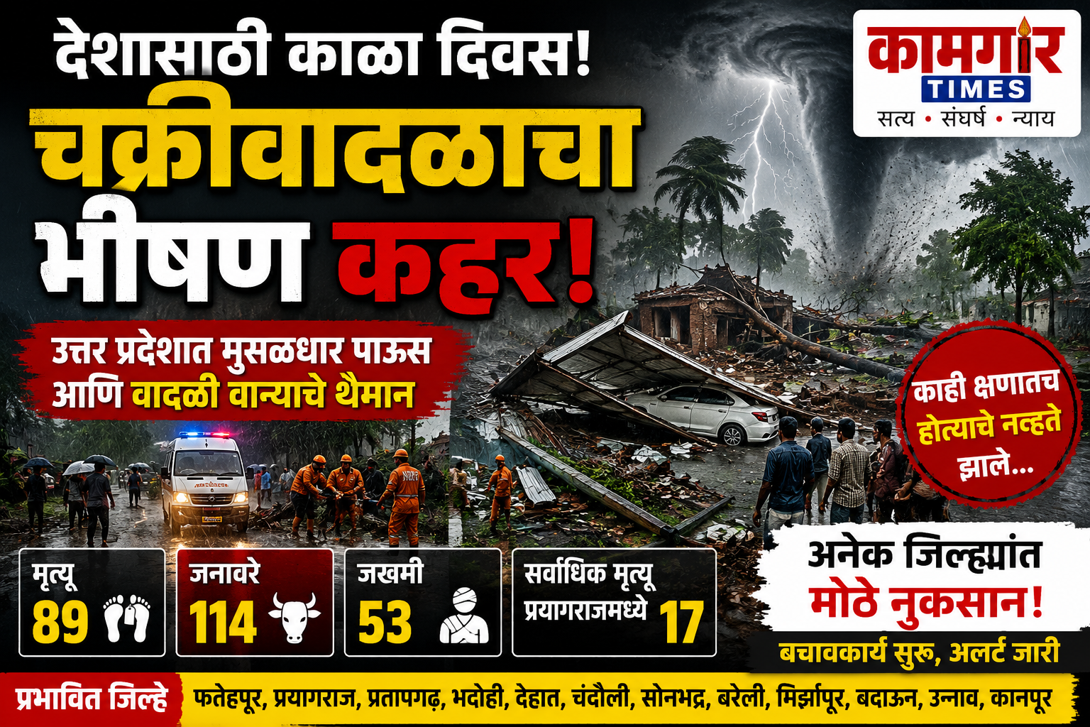 उत्तर प्रदेशात चक्रीवादळ आणि मुसळधार पावसाचा कहर