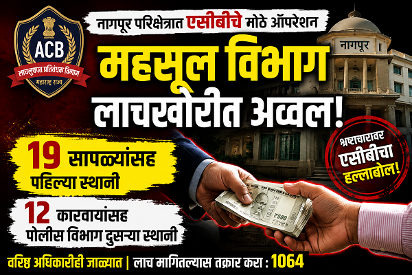 नागपूर परिक्षेत्रात महसूल विभाग लाचखोरीत अव्वल, पोलिस विभाग 12 कारवायांसह दुसऱ्या स्थानी